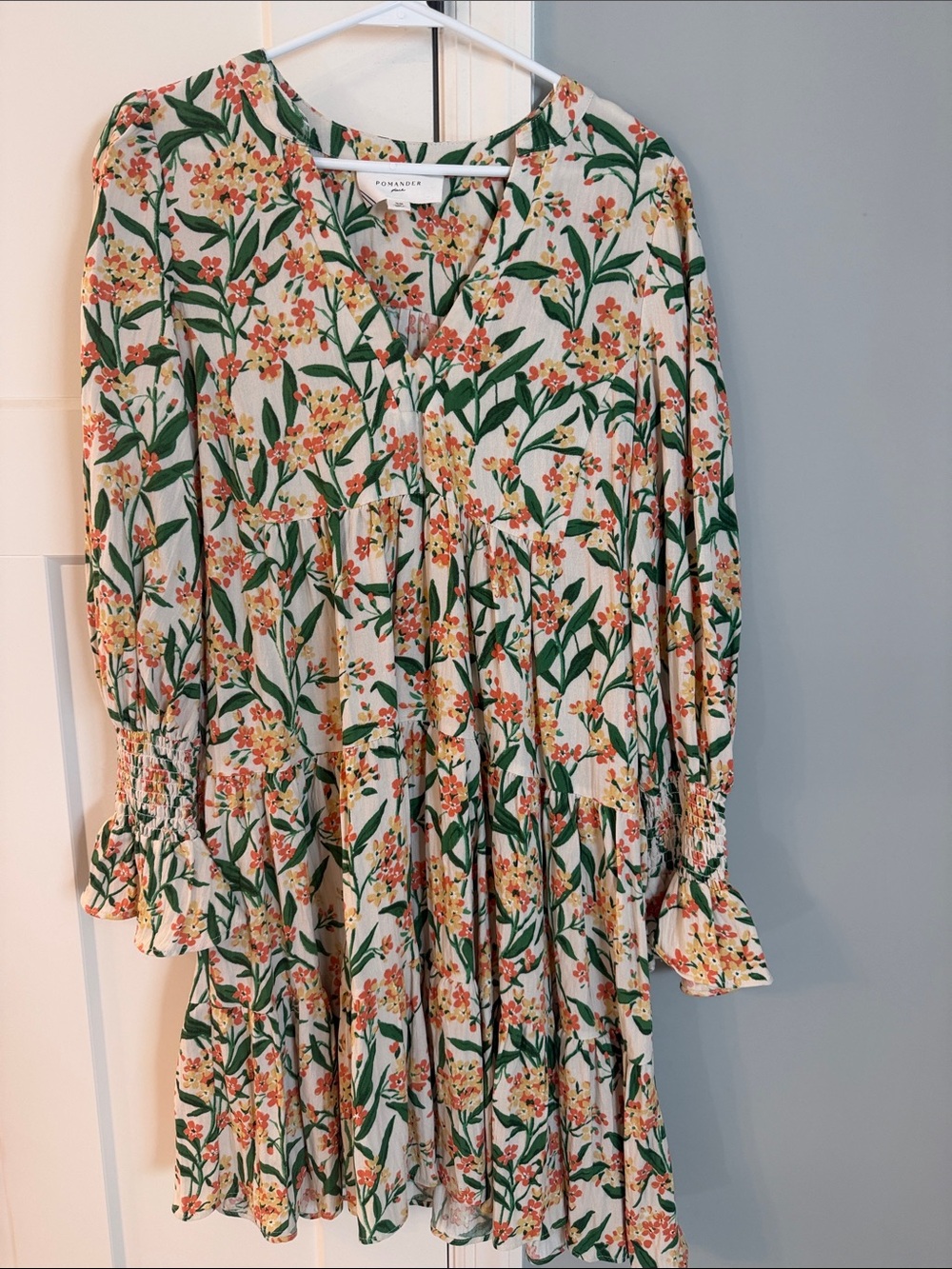 Pomander Place Cream Dress with Green Leaves and Orange Floral Print